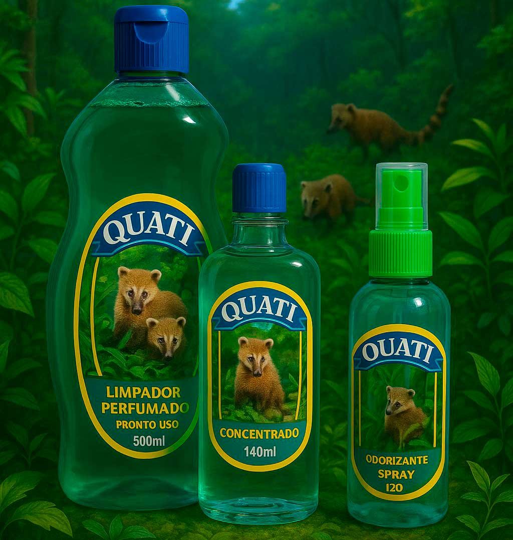 Linha de produtos Quati: Limpador Perfumado de Ambientes, Concentrado e Odorizante Spray